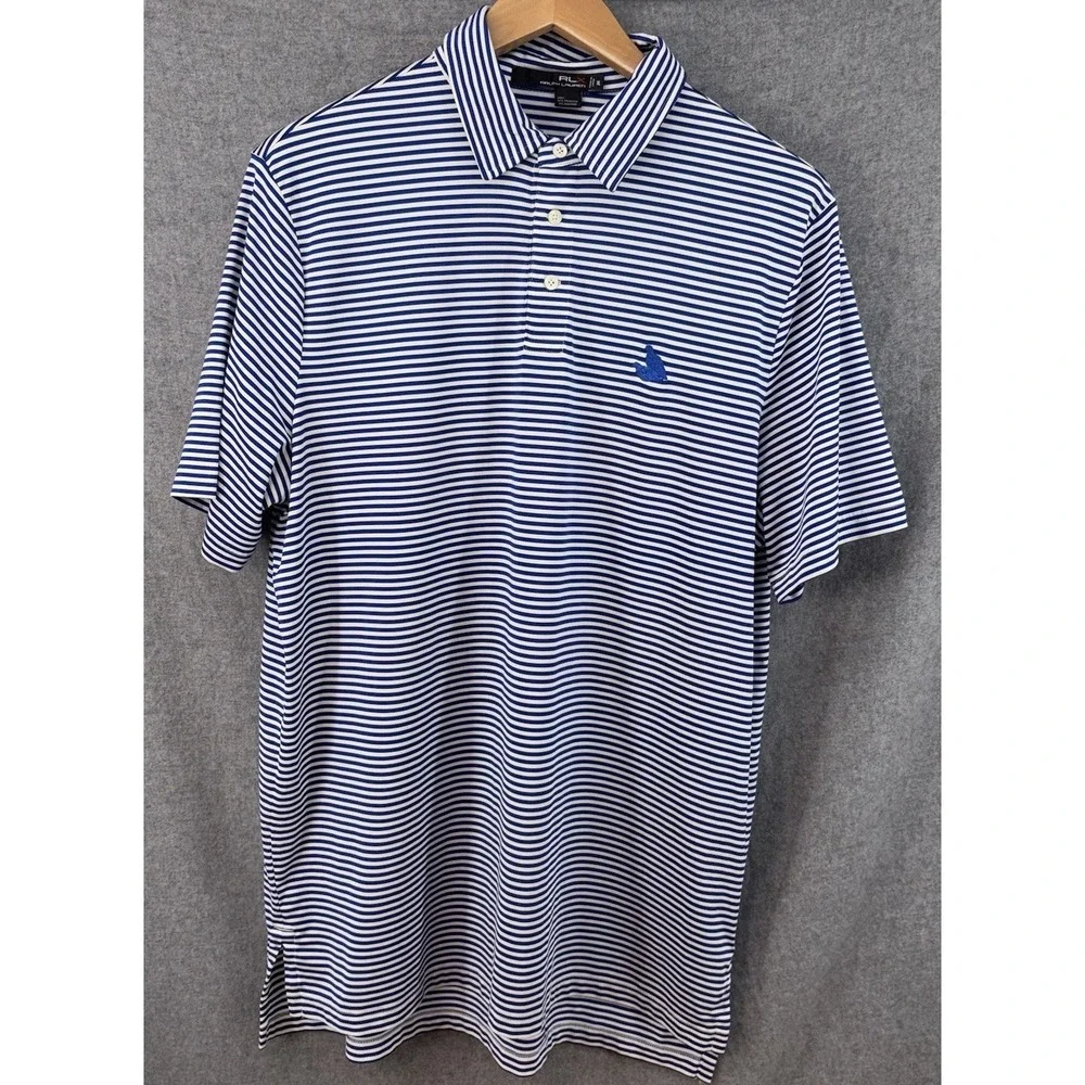 RLX Ralph Lauren Golf Polo Mens XL Royal Blue Striped Embroidered‎ Birds Logo